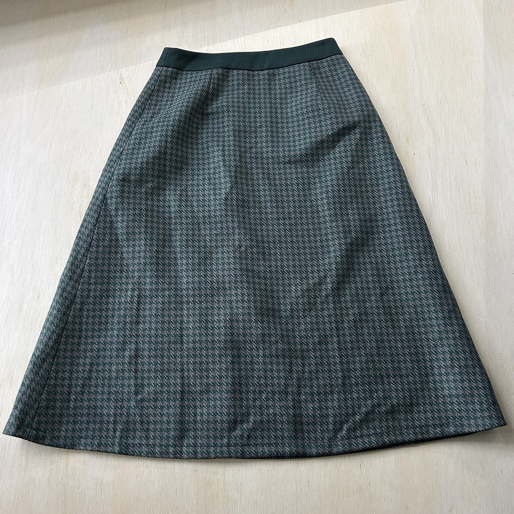 Simple Retro Skirt Womens S Green Check Tweed A-Line Midi Lined Zip Office